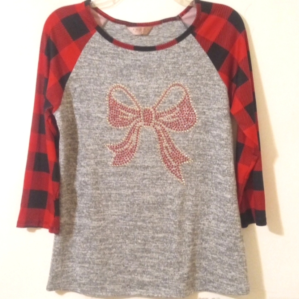 AMANA CHRISTMAS HOLIDAY RIBBON RED BLACK PLAID 3/4 SLEEVE TEE SIZE SMALL NWOT